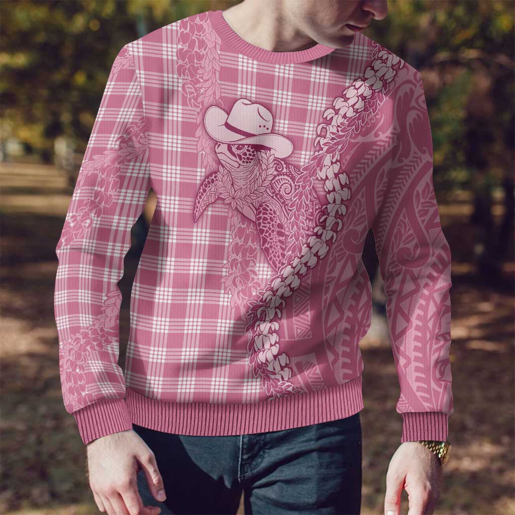 Pink Hawaii Palaka Cowboy Turtle Ugly Christmas Sweater Hawaiian Paniolo Puakenikeni Maile Lei - Polynesian Pride