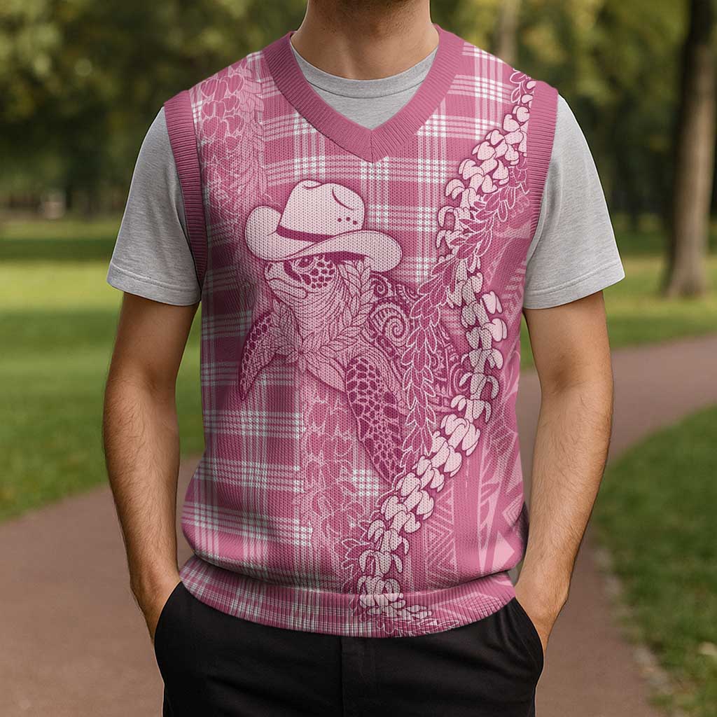 Pink Hawaii Palaka Cowboy Turtle Christmas Knitted V-Neck Vest Hawaiian Paniolo Puakenikeni Maile Lei - Polynesian Pride