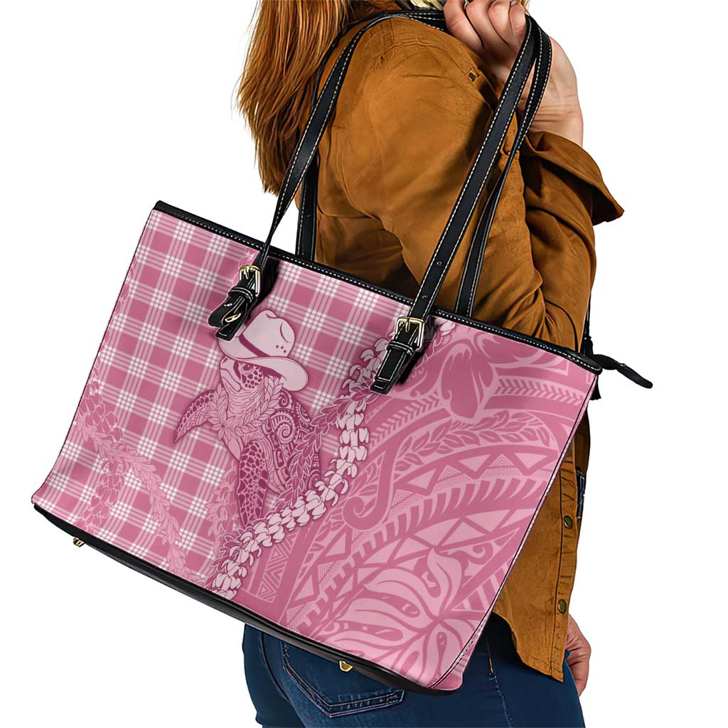 Pink Hawaii Palaka Cowboy Turtle Leather Tote Bag Hawaiian Paniolo Puakenikeni Maile Lei - Polynesian Pride