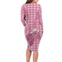 Pink Hawaii Palaka Cowboy Turtle Long Sleeve Bodycon Dress Hawaiian Paniolo Puakenikeni Maile Lei - Polynesian Pride