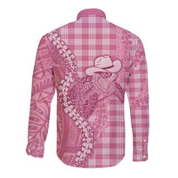 Pink Hawaii Palaka Cowboy Turtle Long Sleeve Button Shirt Hawaiian Paniolo Puakenikeni Maile Lei - Polynesian Pride