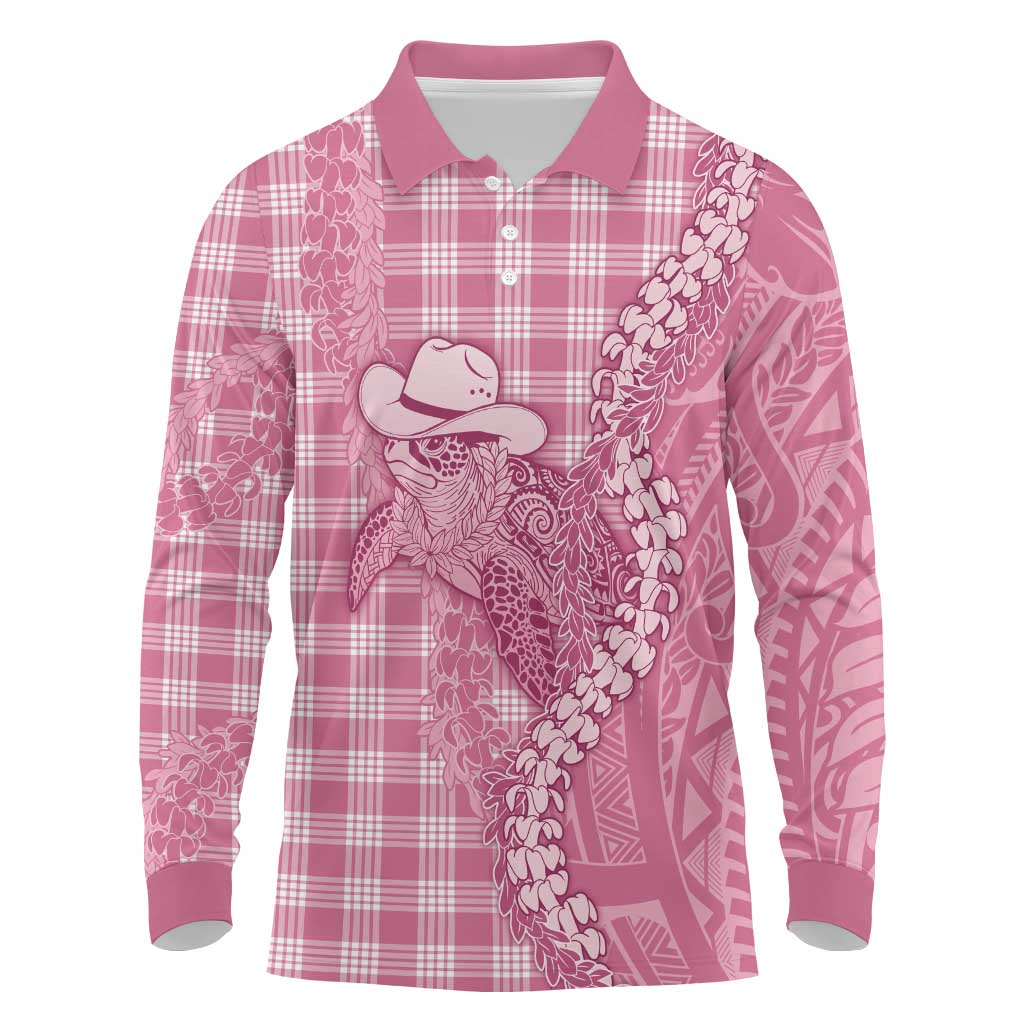 Pink Hawaii Palaka Cowboy Turtle Long Sleeve Polo Shirt Hawaiian Paniolo Puakenikeni Maile Lei - Polynesian Pride