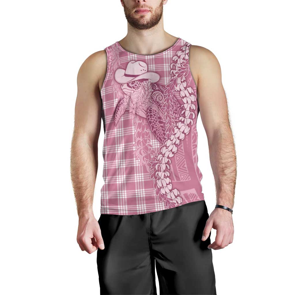 Pink Hawaii Palaka Cowboy Turtle Men Tank Top Hawaiian Paniolo Puakenikeni Maile Lei - Polynesian Pride