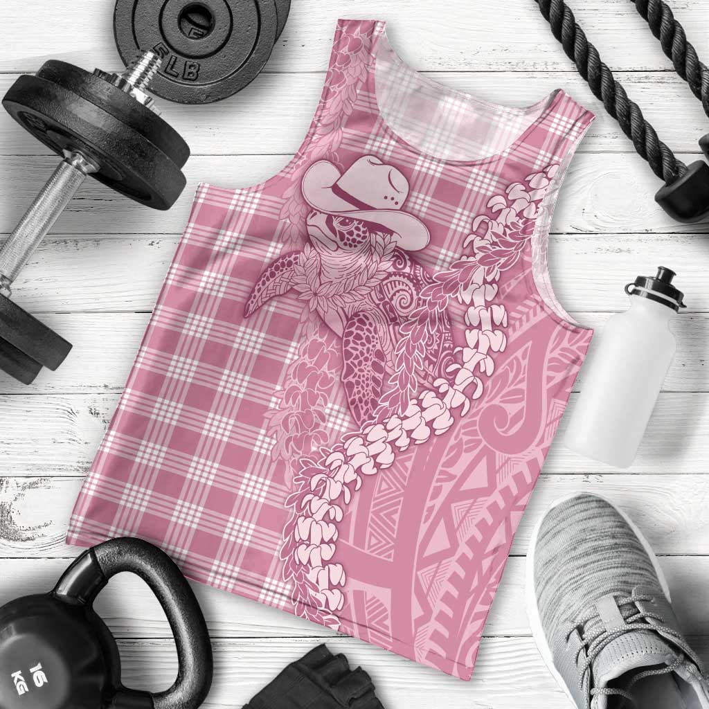 Pink Hawaii Palaka Cowboy Turtle Men Tank Top Hawaiian Paniolo Puakenikeni Maile Lei - Polynesian Pride