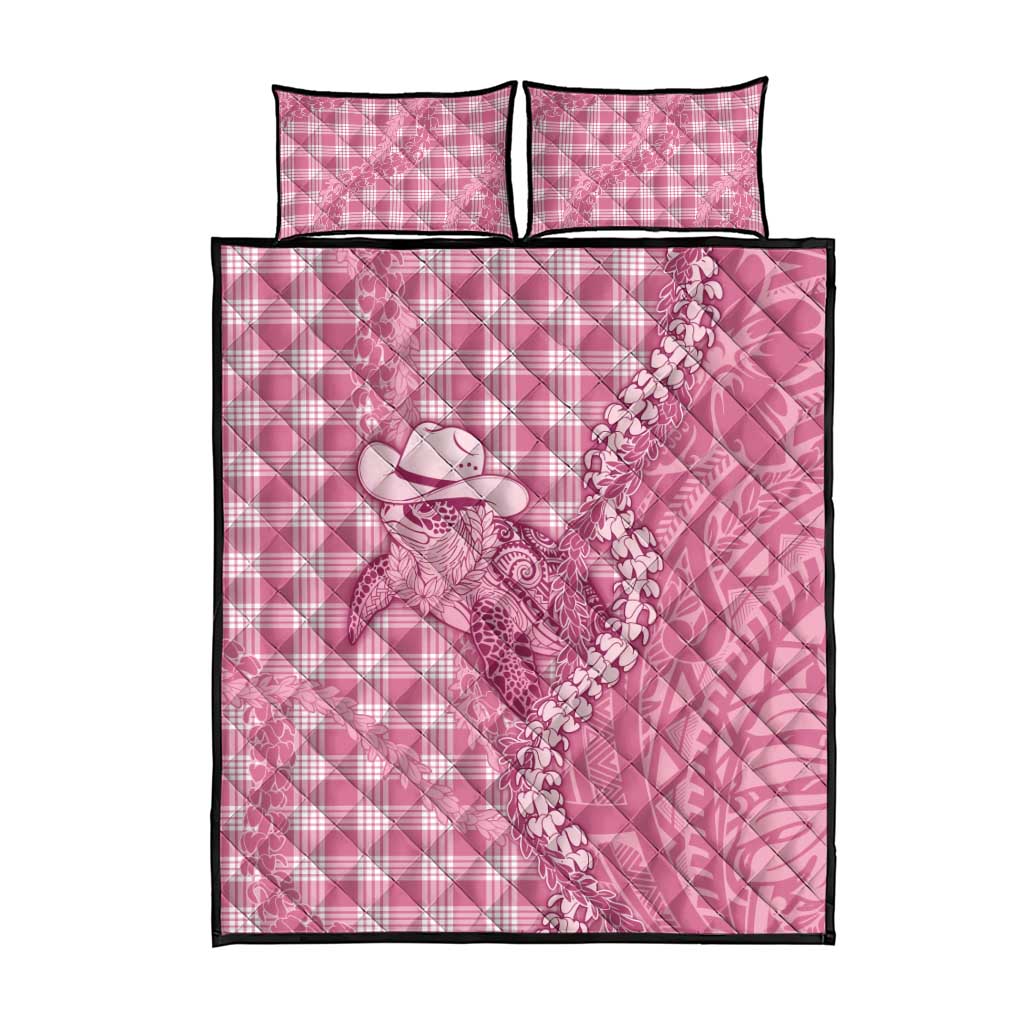 Pink Hawaii Palaka Cowboy Turtle Quilt Bed Set Hawaiian Paniolo Puakenikeni Maile Lei - Polynesian Pride