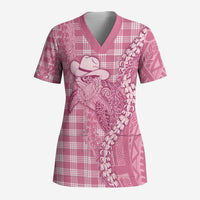 Pink Hawaii Palaka Cowboy Turtle Scrub Top Hawaiian Paniolo Puakenikeni Maile Lei - Polynesian Pride