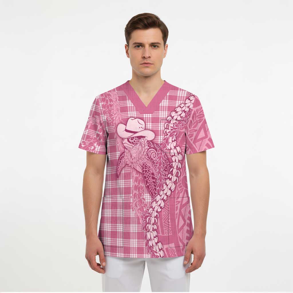 Pink Hawaii Palaka Cowboy Turtle Scrub Top Hawaiian Paniolo Puakenikeni Maile Lei - Polynesian Pride