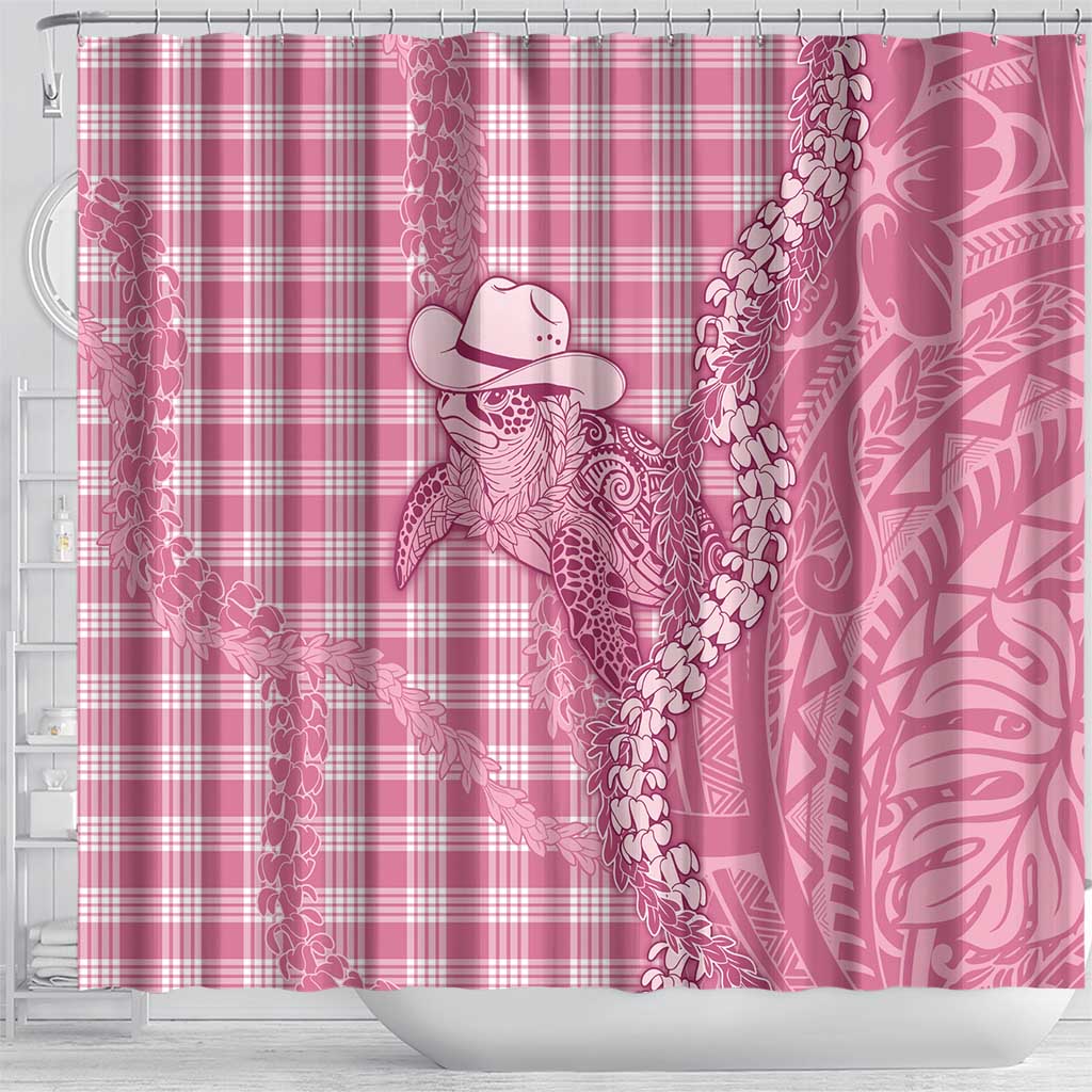 Pink Hawaii Palaka Cowboy Turtle Shower Curtain Hawaiian Paniolo Puakenikeni Maile Lei - Polynesian Pride