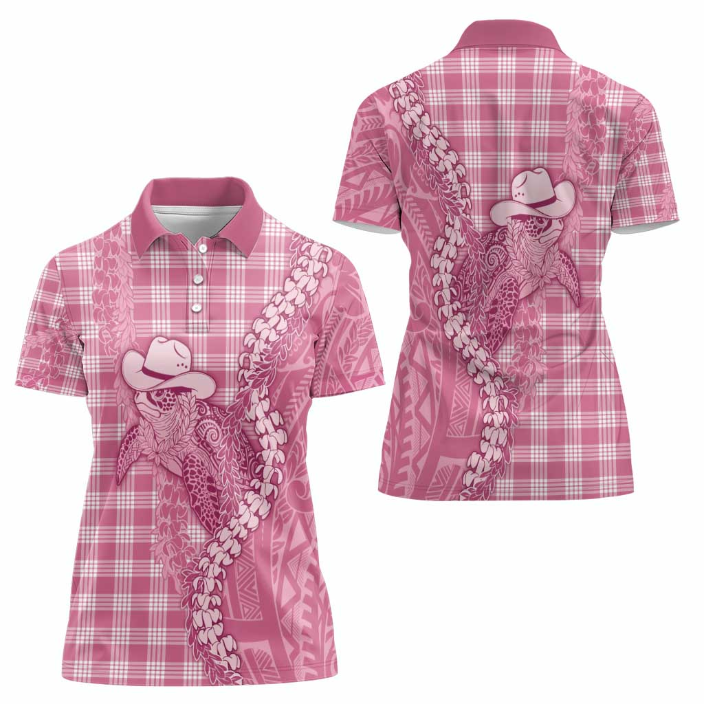 Pink Hawaii Palaka Cowboy Turtle Women Polo Shirt Hawaiian Paniolo Puakenikeni Maile Lei - Polynesian Pride