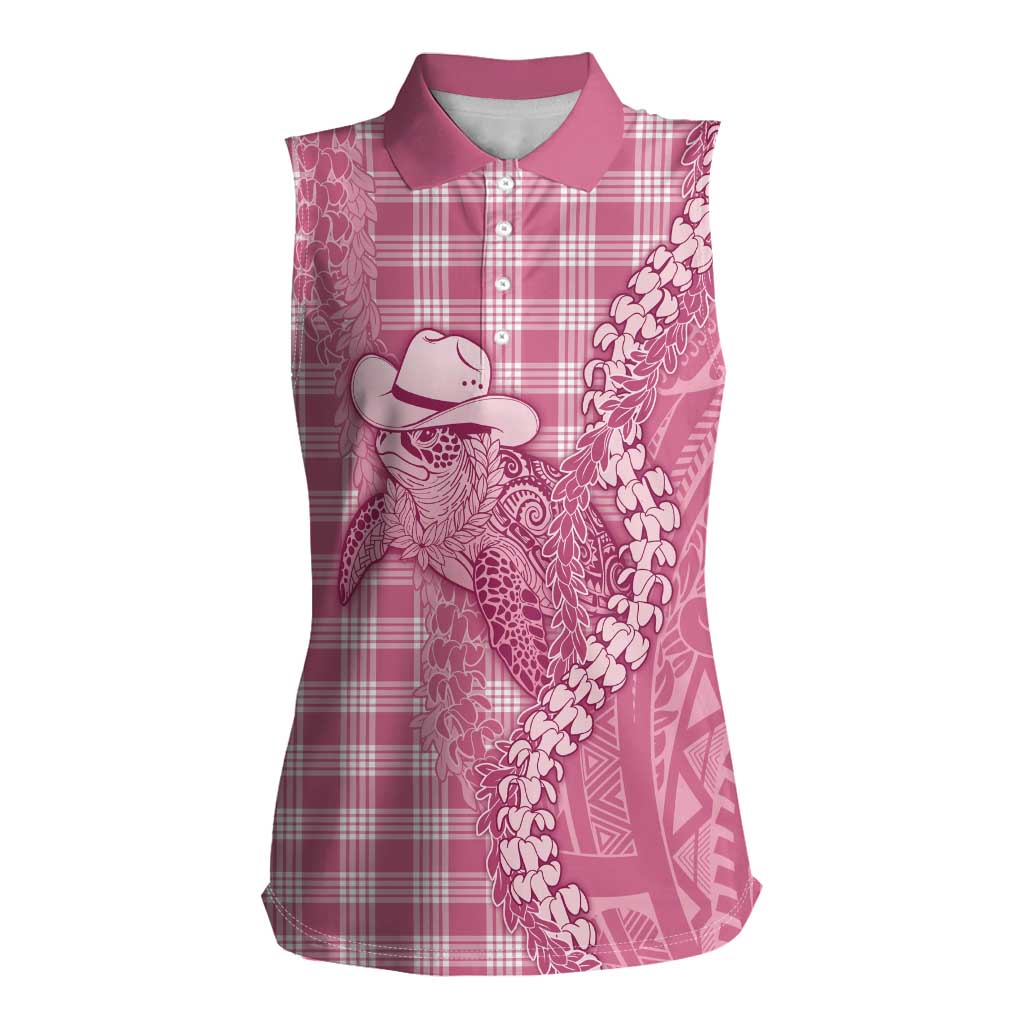 Pink Hawaii Palaka Cowboy Turtle Women Sleeveless Polo Shirt Hawaiian Paniolo Puakenikeni Maile Lei - Polynesian Pride
