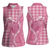 Pink Hawaii Palaka Cowboy Turtle Women Sleeveless Polo Shirt Hawaiian Paniolo Puakenikeni Maile Lei - Polynesian Pride