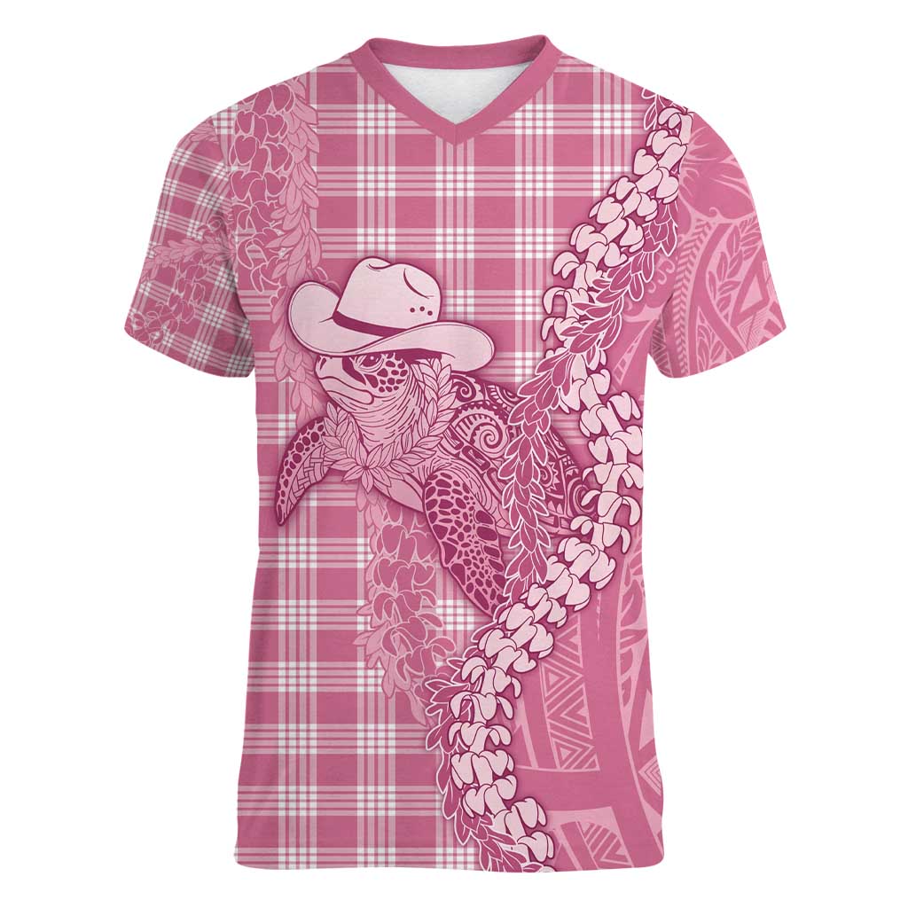 Pink Hawaii Palaka Cowboy Turtle Women V-Neck T-Shirt Hawaiian Paniolo Puakenikeni Maile Lei - Polynesian Pride