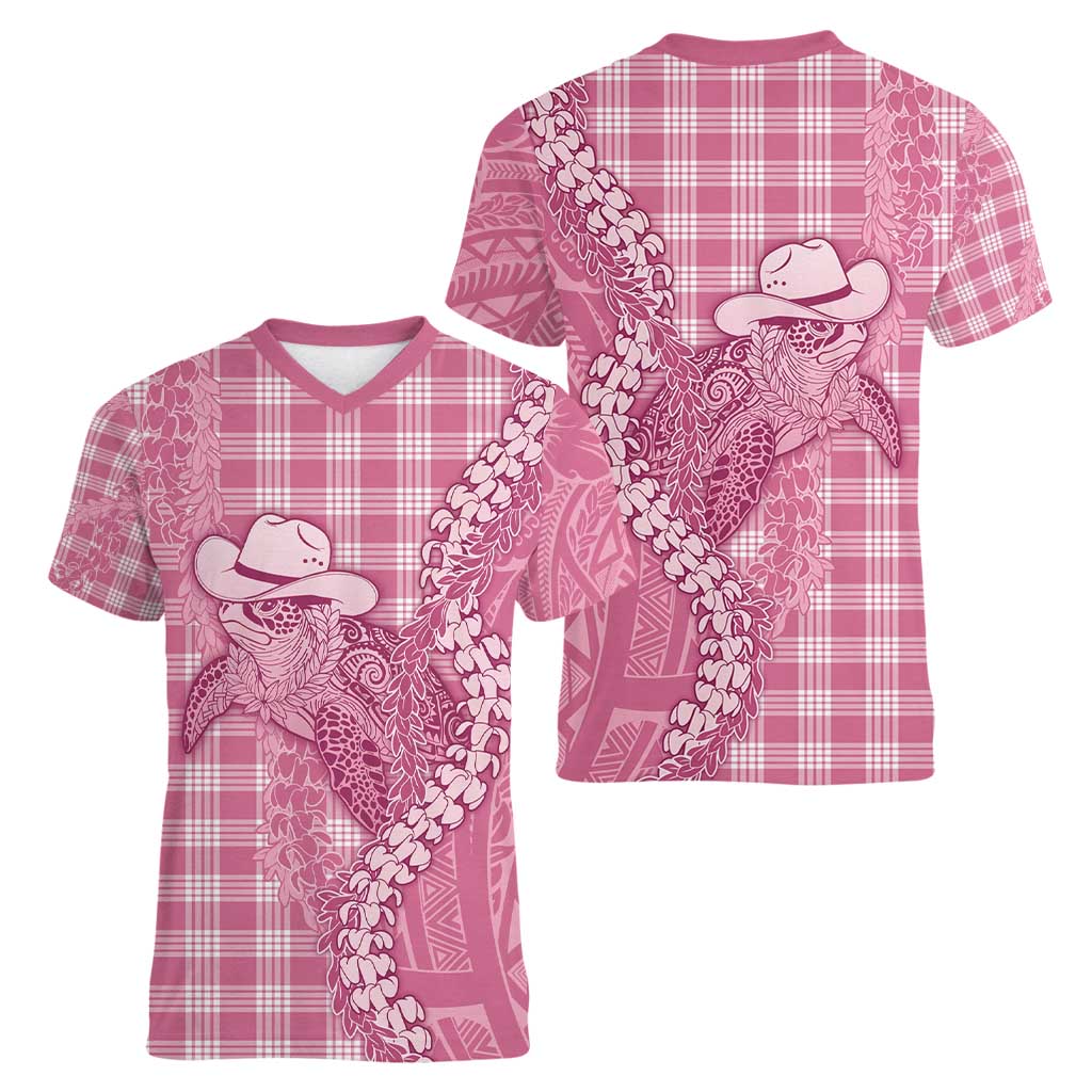 Pink Hawaii Palaka Cowboy Turtle Women V-Neck T-Shirt Hawaiian Paniolo Puakenikeni Maile Lei - Polynesian Pride