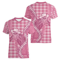 Pink Hawaii Palaka Cowboy Turtle Women V-Neck T-Shirt Hawaiian Paniolo Puakenikeni Maile Lei - Polynesian Pride