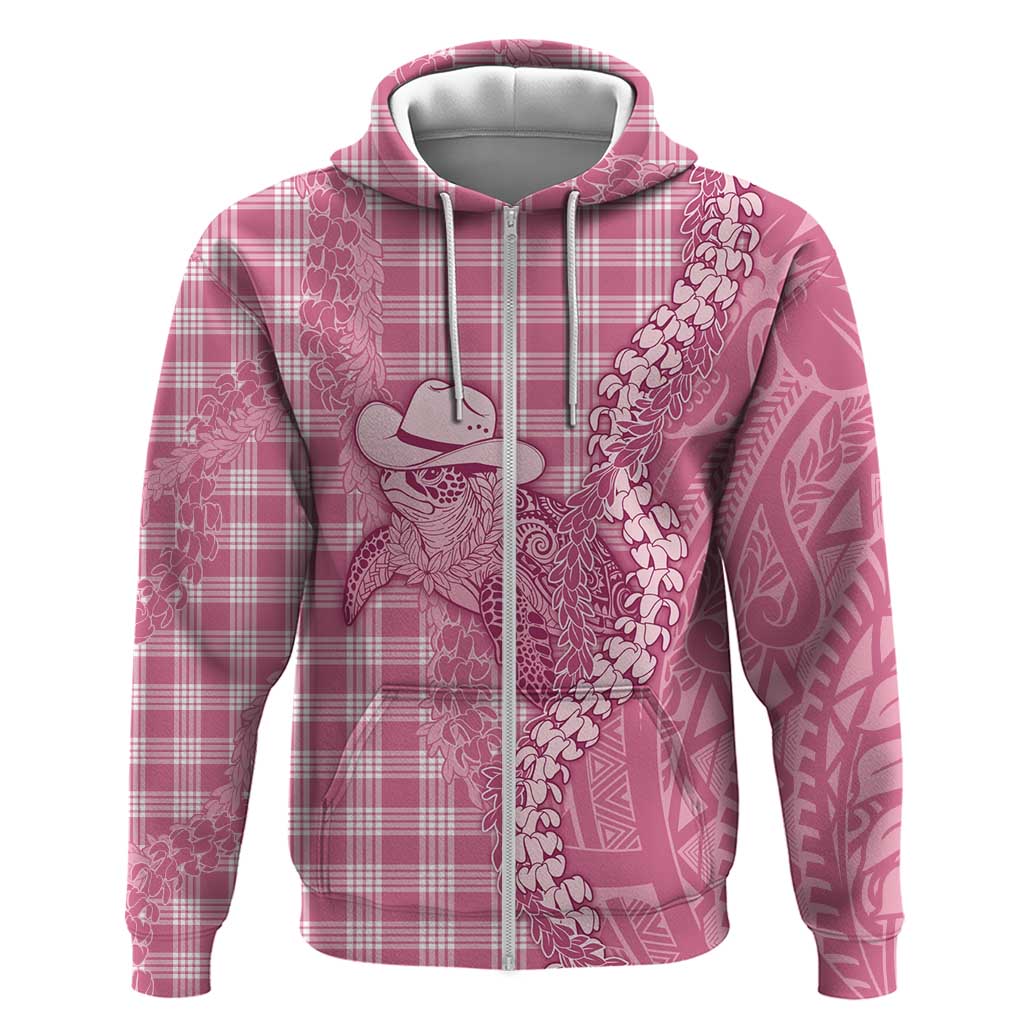 Pink Hawaii Palaka Cowboy Turtle Zip Hoodie Hawaiian Paniolo Puakenikeni Maile Lei - Polynesian Pride