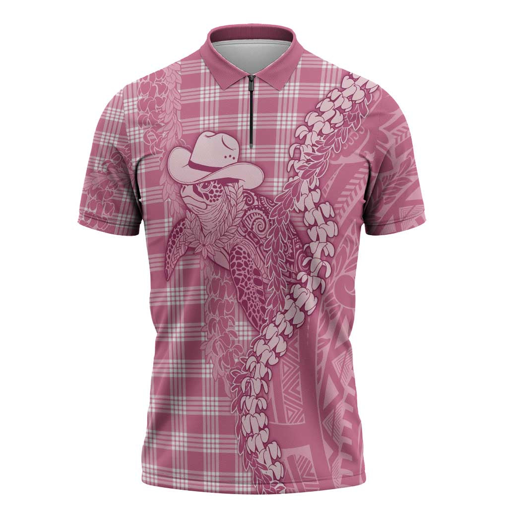 Pink Hawaii Palaka Cowboy Turtle Zipper Polo Shirt Hawaiian Paniolo Puakenikeni Maile Lei - Polynesian Pride