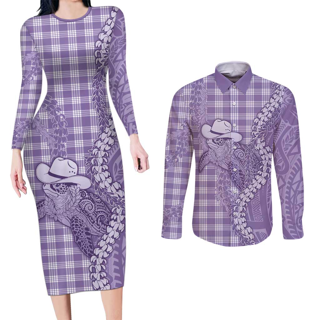 Purple Hawaii Palaka Cowboy Turtle Couples Matching Long Sleeve Bodycon Dress and Long Sleeve Button Shirt Hawaiian Paniolo Puakenikeni Maile Lei - Polynesian Pride