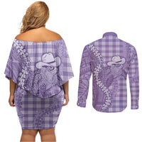 Purple Hawaii Palaka Cowboy Turtle Couples Matching Off Shoulder Short Dress and Long Sleeve Button Shirt Hawaiian Paniolo Puakenikeni Maile Lei - Polynesian Pride