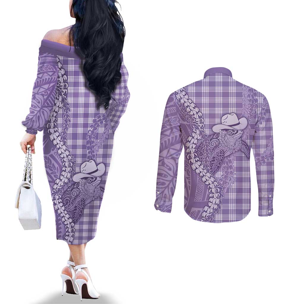 Purple Hawaii Palaka Cowboy Turtle Couples Matching Off The Shoulder Long Sleeve Dress and Long Sleeve Button Shirt Hawaiian Paniolo Puakenikeni Maile Lei - Polynesian Pride