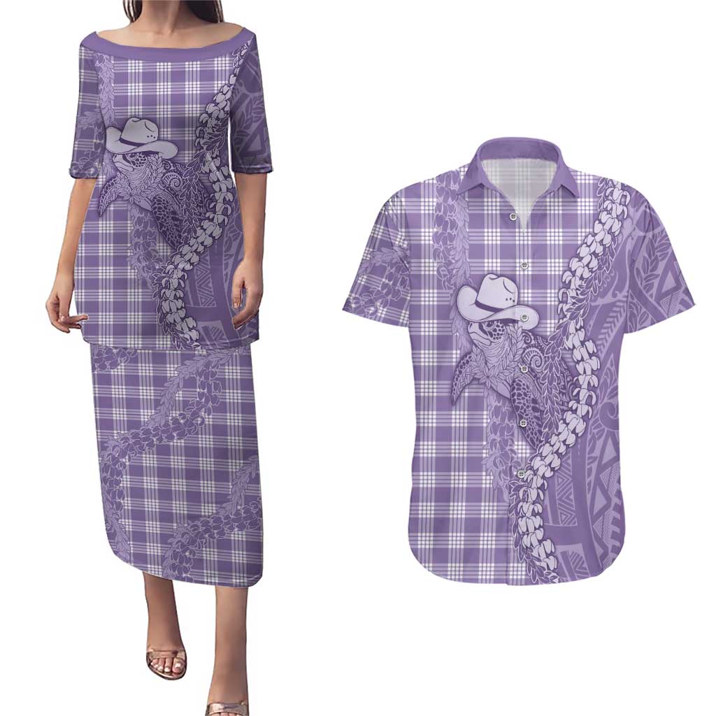 Purple Hawaii Palaka Cowboy Turtle Couples Matching Puletasi and Hawaiian Shirt Hawaiian Paniolo Puakenikeni Maile Lei - Polynesian Pride