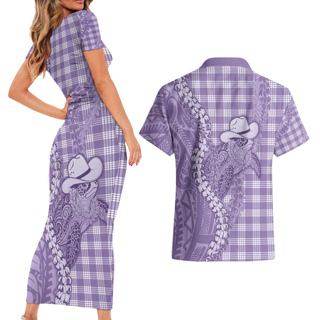 Purple Hawaii Palaka Cowboy Turtle Couples Matching Short Sleeve Bodycon Dress and Hawaiian Shirt Hawaiian Paniolo Puakenikeni Maile Lei - Polynesian Pride