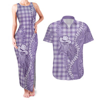 Purple Hawaii Palaka Cowboy Turtle Couples Matching Tank Maxi Dress and Hawaiian Shirt Hawaiian Paniolo Puakenikeni Maile Lei - Polynesian Pride