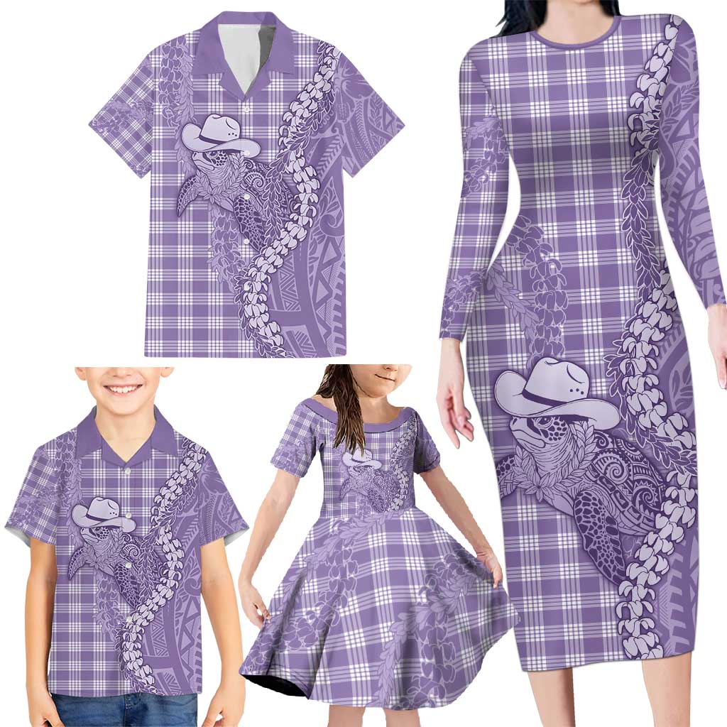 Purple Hawaii Palaka Cowboy Turtle Family Matching Long Sleeve Bodycon Dress and Hawaiian Shirt Hawaiian Paniolo Puakenikeni Maile Lei - Polynesian Pride