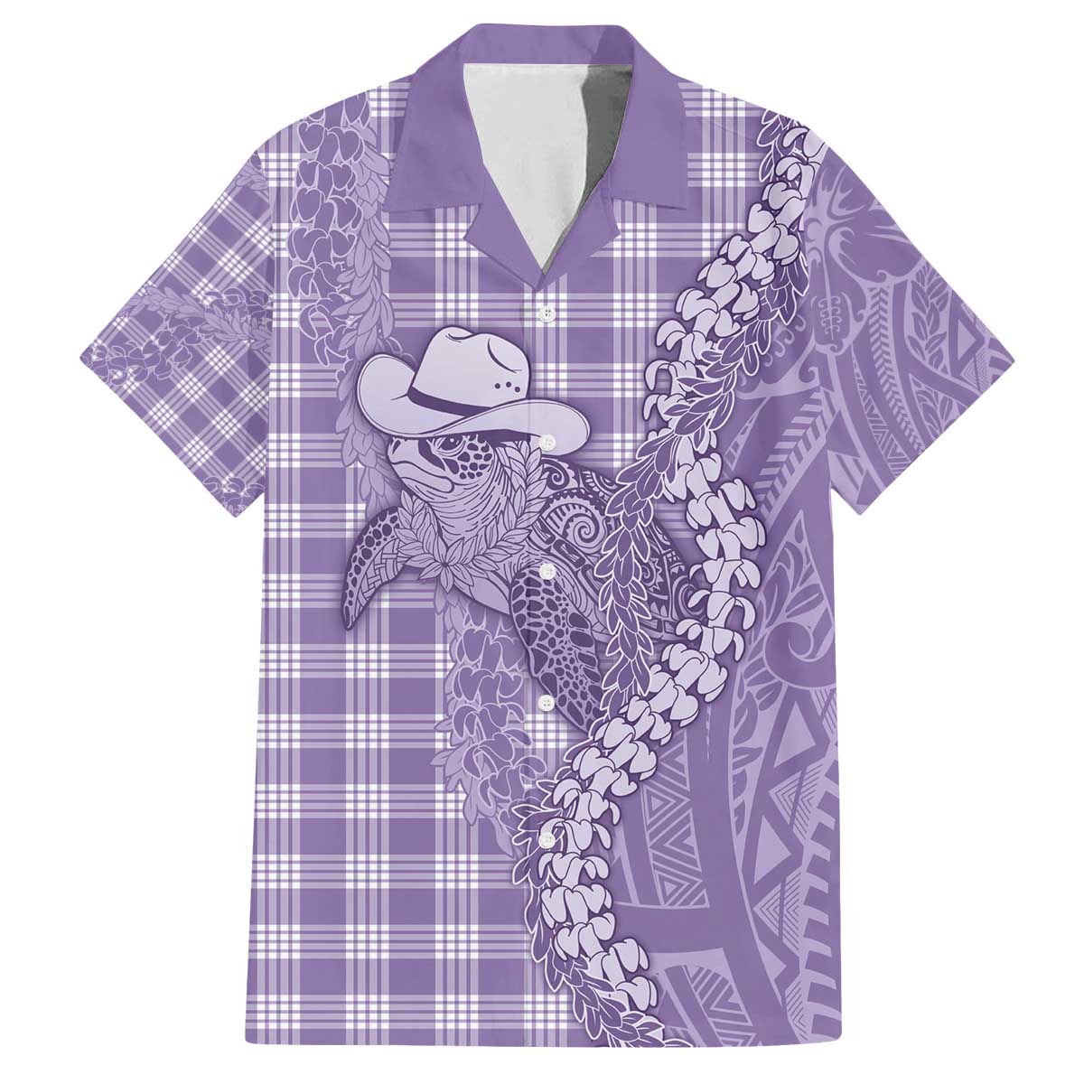 Purple Hawaii Palaka Cowboy Turtle Family Matching Off The Shoulder Long Sleeve Dress and Hawaiian Shirt Hawaiian Paniolo Puakenikeni Maile Lei - Polynesian Pride