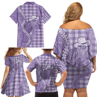 Purple Hawaii Palaka Cowboy Turtle Family Matching Off Shoulder Short Dress and Hawaiian Shirt Hawaiian Paniolo Puakenikeni Maile Lei - Polynesian Pride