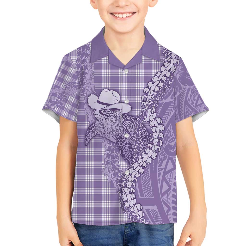 Purple Hawaii Palaka Cowboy Turtle Family Matching Off Shoulder Short Dress and Hawaiian Shirt Hawaiian Paniolo Puakenikeni Maile Lei - Polynesian Pride