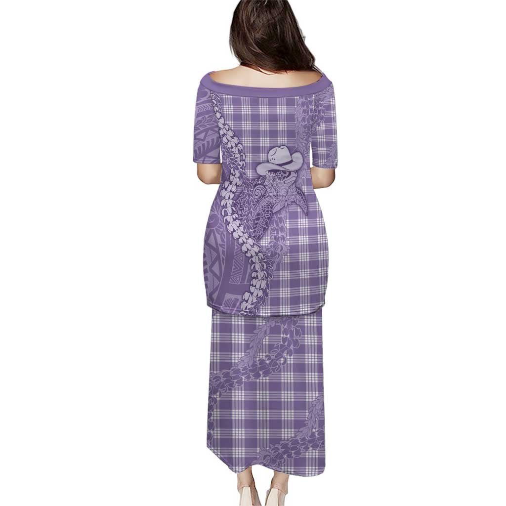 Purple Hawaii Palaka Cowboy Turtle Family Matching Puletasi and Hawaiian Shirt Hawaiian Paniolo Puakenikeni Maile Lei DT05 - Polynesian Pride