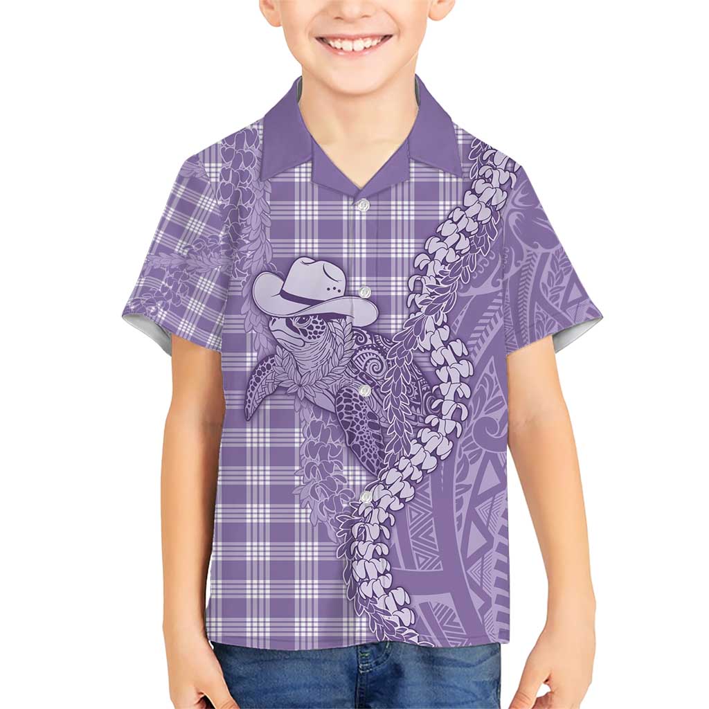 Purple Hawaii Palaka Cowboy Turtle Family Matching Short Sleeve Bodycon Dress and Hawaiian Shirt Hawaiian Paniolo Puakenikeni Maile Lei - Polynesian Pride