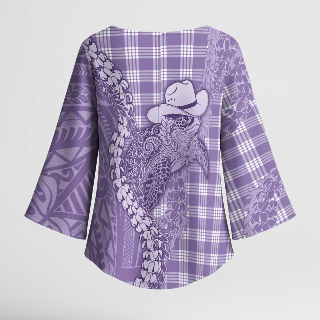 Purple Hawaii Palaka Cowboy Turtle Kimono Sleeve Blouse Hawaiian Paniolo Puakenikeni Maile Lei - Polynesian Pride