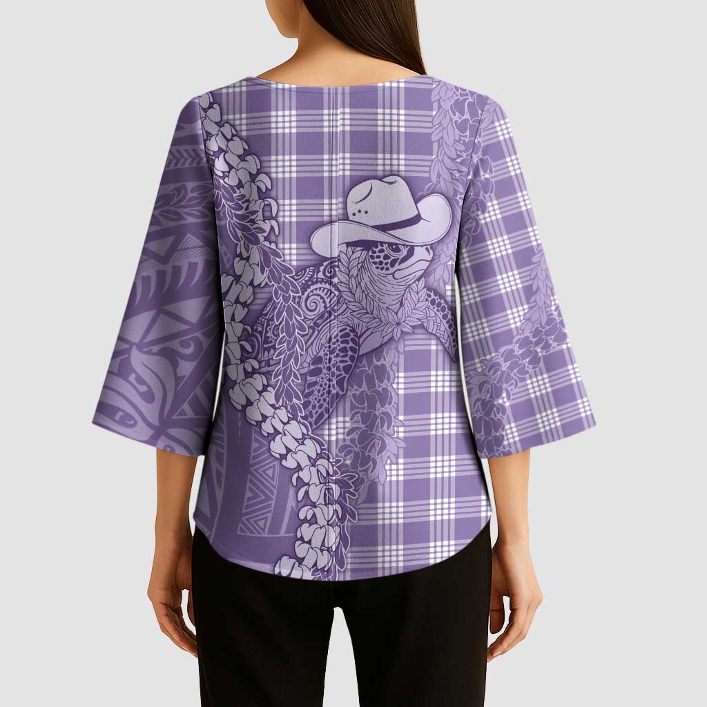 Purple Hawaii Palaka Cowboy Turtle Kimono Sleeve Blouse Hawaiian Paniolo Puakenikeni Maile Lei - Polynesian Pride