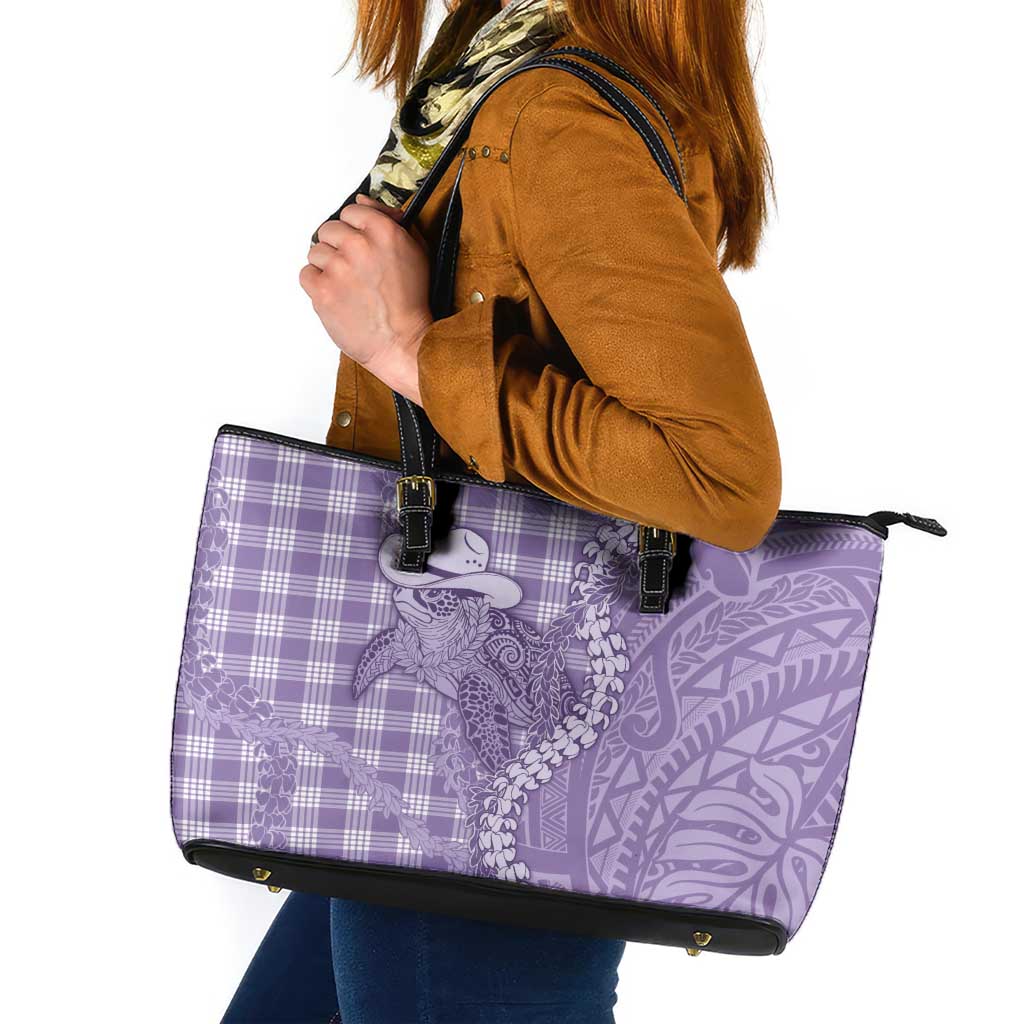 Purple Hawaii Palaka Cowboy Turtle Leather Tote Bag Hawaiian Paniolo Puakenikeni Maile Lei - Polynesian Pride