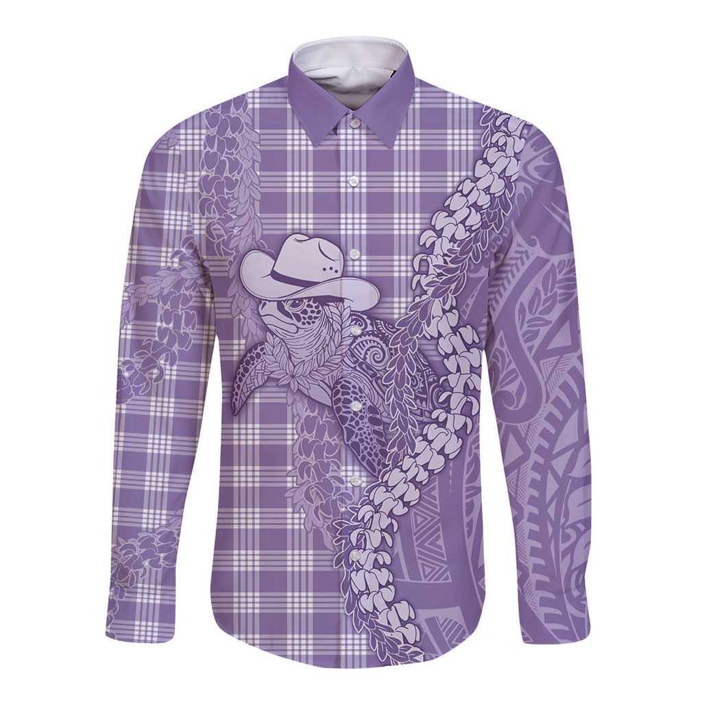 Purple Hawaii Palaka Cowboy Turtle Long Sleeve Button Shirt Hawaiian Paniolo Puakenikeni Maile Lei - Polynesian Pride