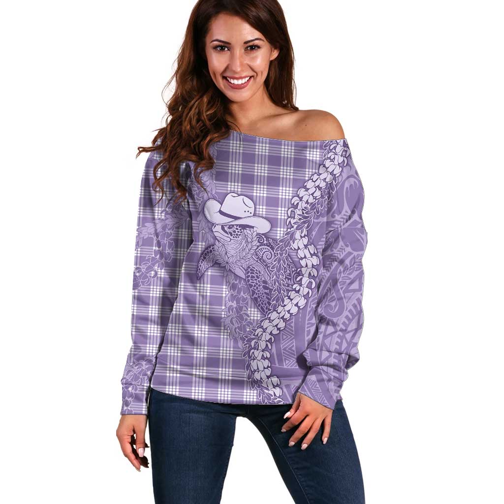 Purple Hawaii Palaka Cowboy Turtle Off Shoulder Sweater Hawaiian Paniolo Puakenikeni Maile Lei - Polynesian Pride