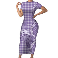 Purple Hawaii Palaka Cowboy Turtle Short Sleeve Bodycon Dress Hawaiian Paniolo Puakenikeni Maile Lei - Polynesian Pride