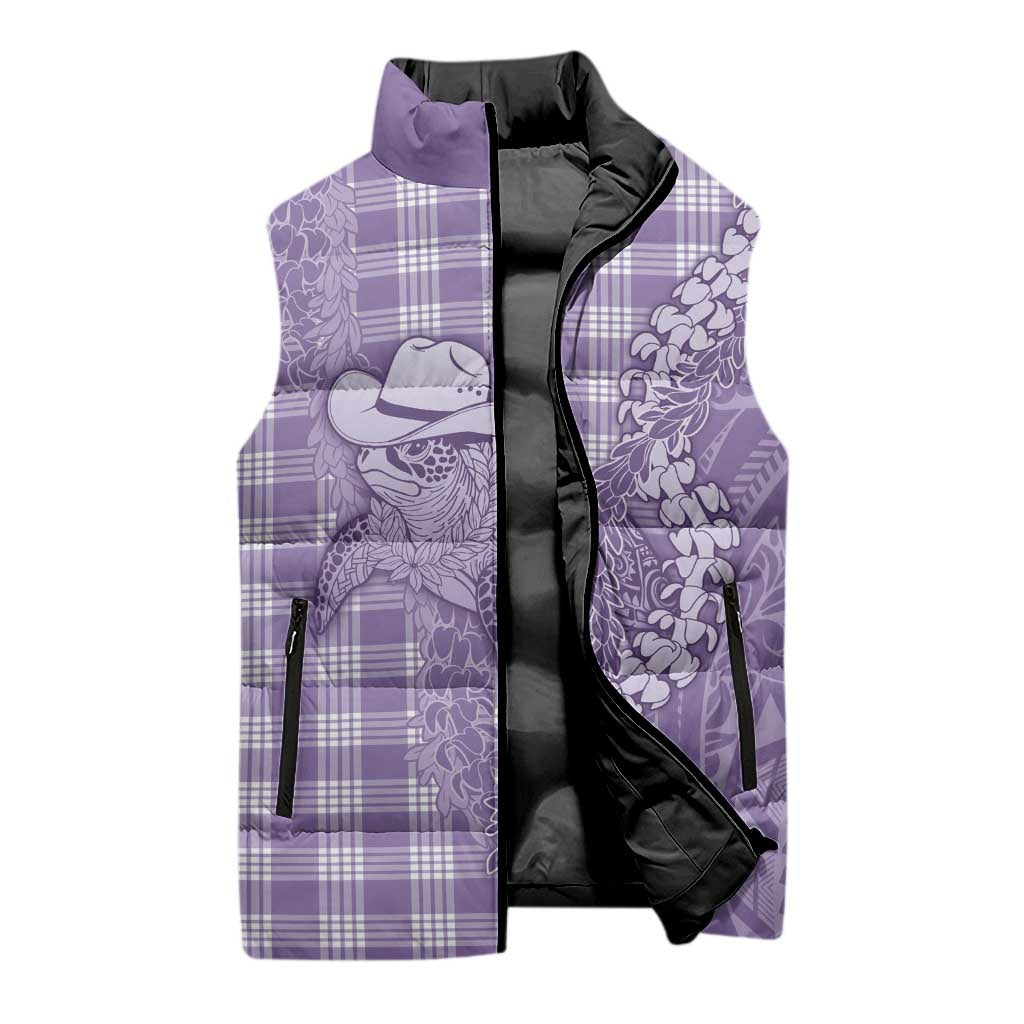 Purple Hawaii Palaka Cowboy Turtle Sleeveless Puffer Jacket Hawaiian Paniolo Puakenikeni Maile Lei - Polynesian Pride