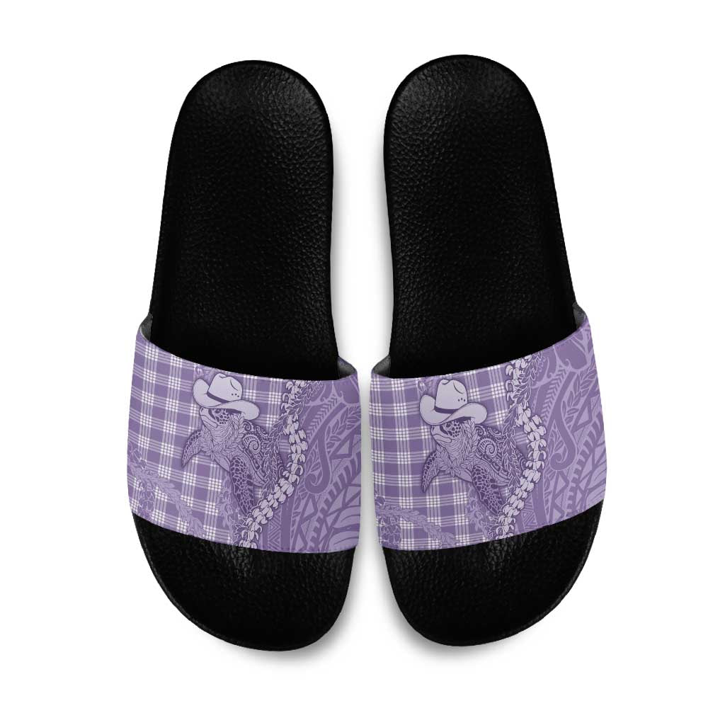 Purple Hawaii Palaka Cowboy Turtle Slide Sandals Hawaiian Paniolo Puakenikeni Maile Lei - Polynesian Pride
