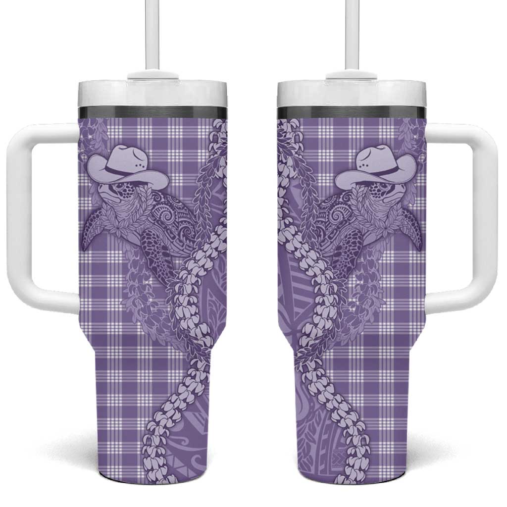 Purple Hawaii Palaka Cowboy Turtle Tumbler With Handle Hawaiian Paniolo Puakenikeni Maile Lei - Polynesian Pride