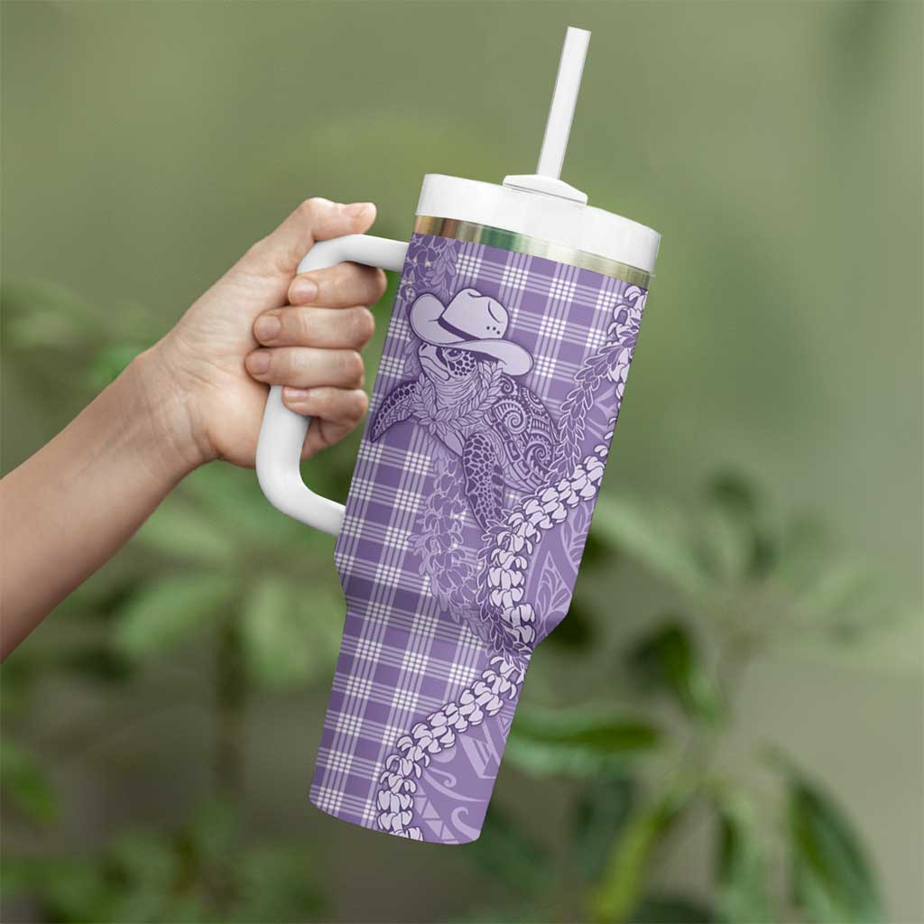 Purple Hawaii Palaka Cowboy Turtle Tumbler With Handle Hawaiian Paniolo Puakenikeni Maile Lei - Polynesian Pride