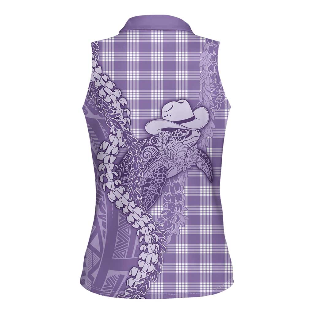 Purple Hawaii Palaka Cowboy Turtle Women Sleeveless Polo Shirt Hawaiian Paniolo Puakenikeni Maile Lei - Polynesian Pride