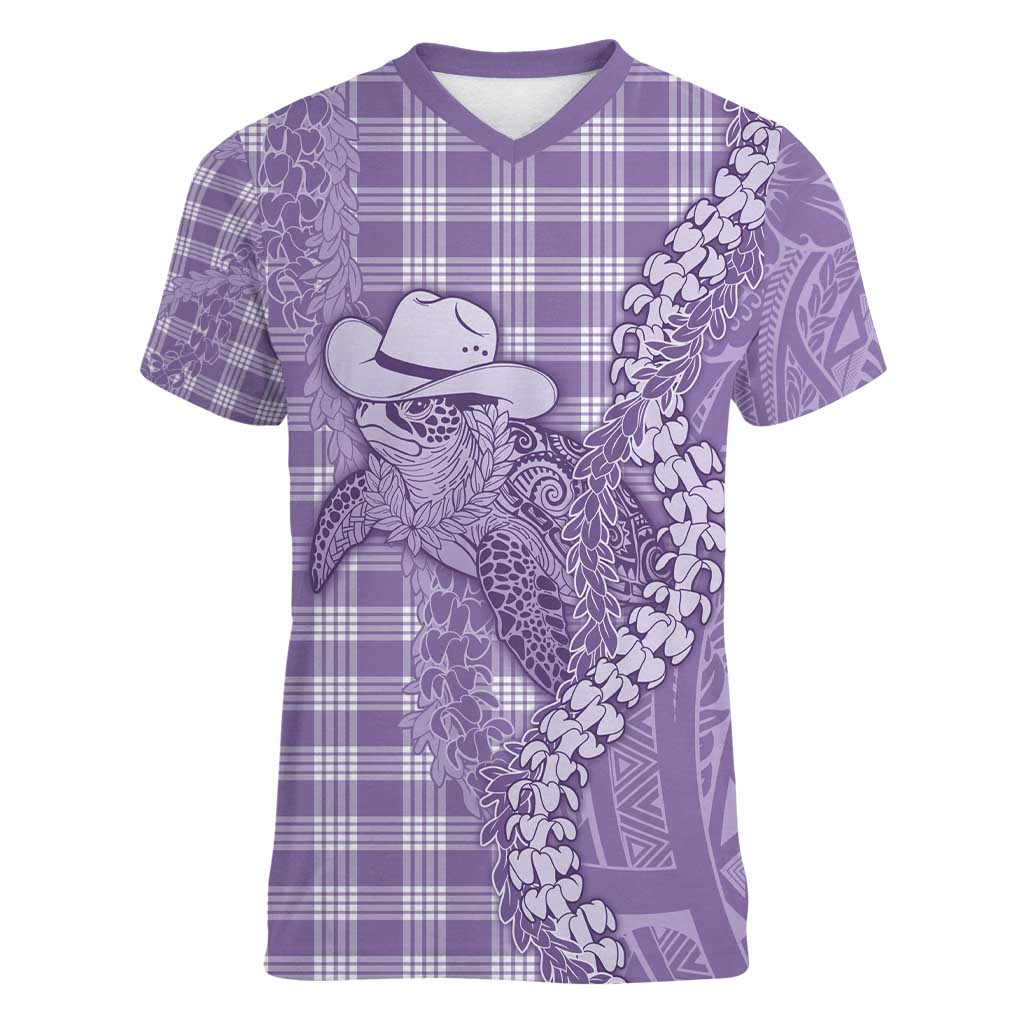 Purple Hawaii Palaka Cowboy Turtle Women V-Neck T-Shirt Hawaiian Paniolo Puakenikeni Maile Lei - Polynesian Pride