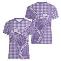 Purple Hawaii Palaka Cowboy Turtle Women V-Neck T-Shirt Hawaiian Paniolo Puakenikeni Maile Lei - Polynesian Pride