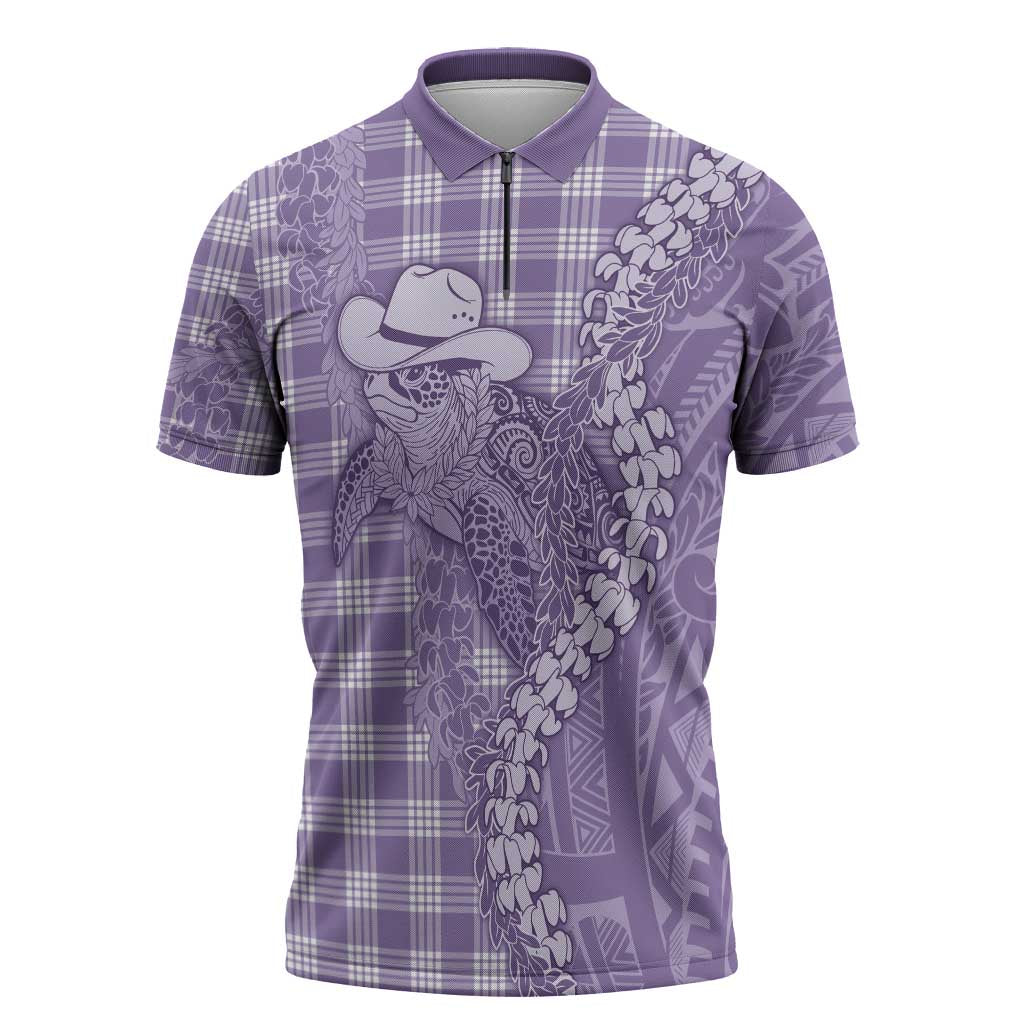 Purple Hawaii Palaka Cowboy Turtle Zipper Polo Shirt Hawaiian Paniolo Puakenikeni Maile Lei - Polynesian Pride