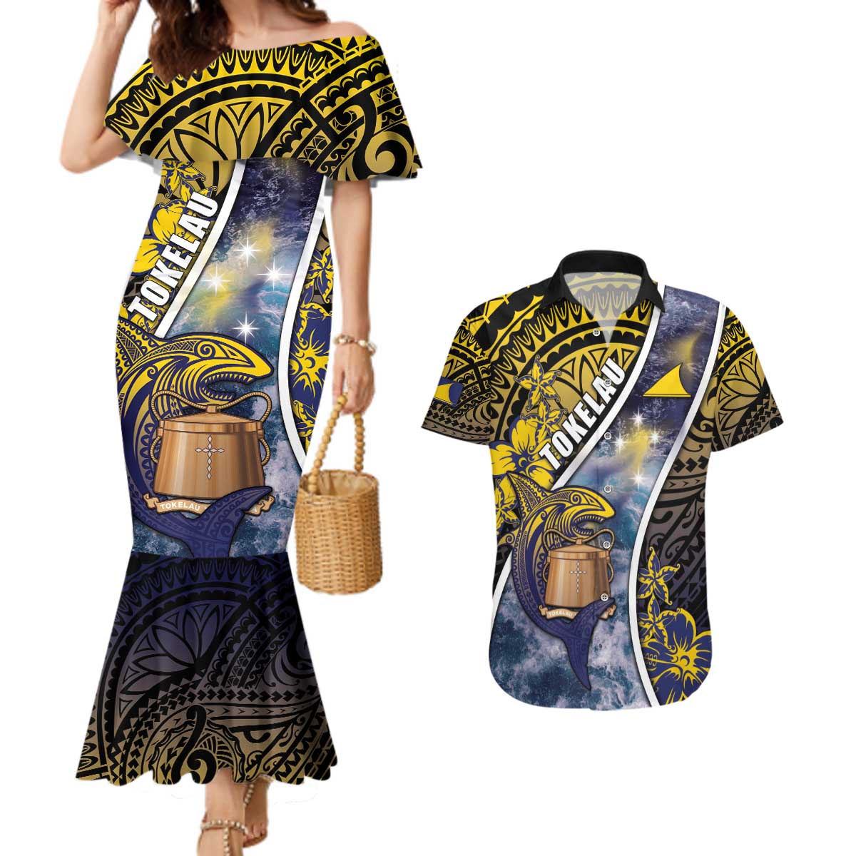 Personalised Tokelau Couples Matching Mermaid Dress and Hawaiian Shirt National Badge Waves Style