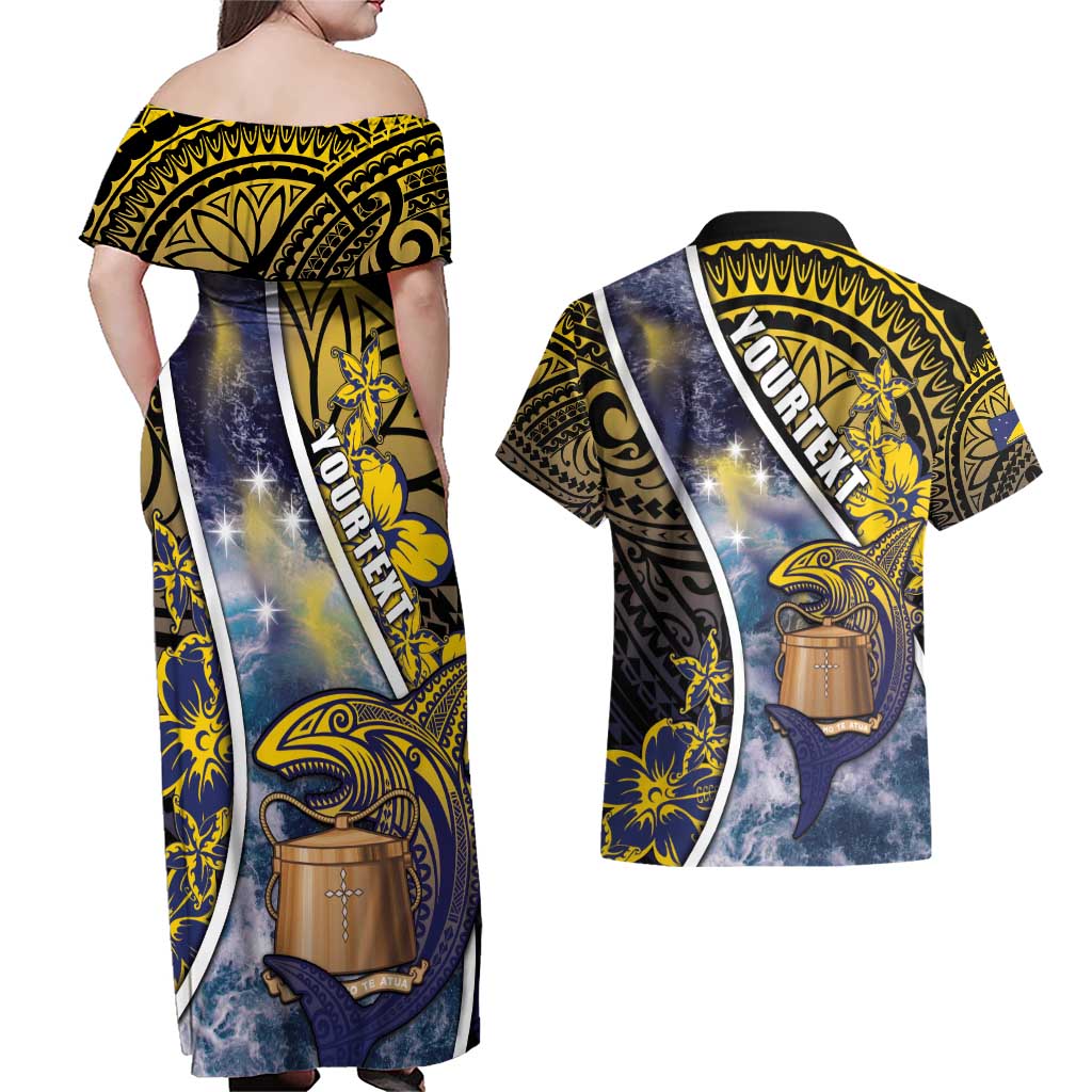 Personalised Tokelau Couples Matching Off Shoulder Maxi Dress and Hawaiian Shirt National Badge Waves Style