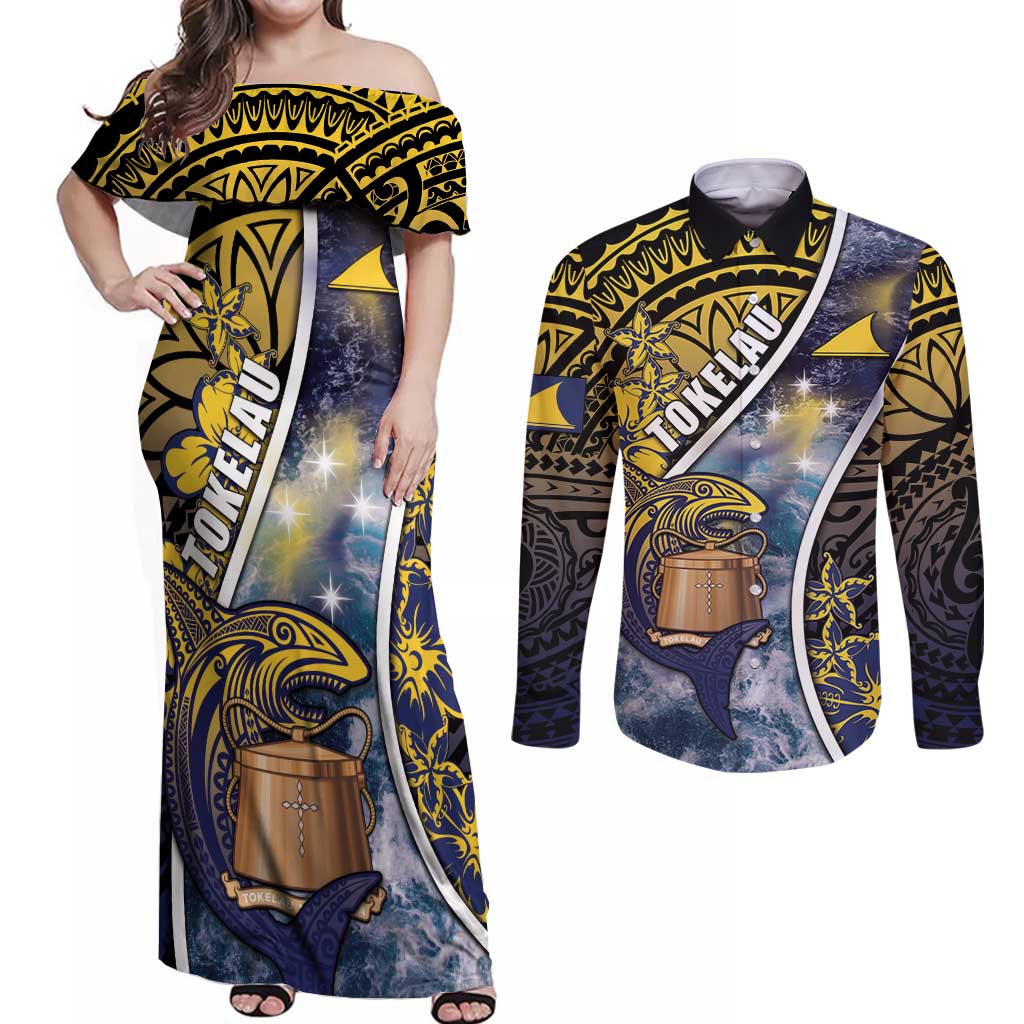 Personalised Tokelau Couples Matching Off Shoulder Maxi Dress and Long Sleeve Button Shirt National Badge Waves Style