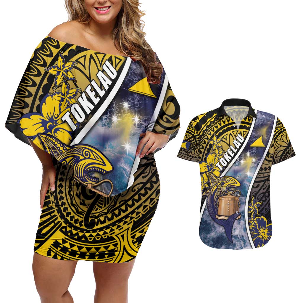 Personalised Tokelau Couples Matching Off Shoulder Short Dress and Hawaiian Shirt National Badge Waves Style